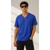 Erkek V Yaka Basic Tişört Kısa Kol Yazlık Regular Fit T-Shirt - Saks Mavisi