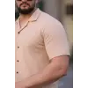 Erkek Waffle Kumaş Kısa Kollu Düğmeli Açık Yaka Regular Fit Gömlek - Bej