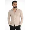 Erkek Waffle Kumaş Uzun Kollu Düğmeli Açık Yaka Regular Fit Gömlek - Bej