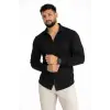 Erkek Waffle Kumaş Uzun Kollu Düğmeli Açık Yaka Regular Fit Gömlek - Siyah
