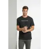 Erkek Wafıl Kumaş Tişört Regular Kalıp Bisiklet Yaka Baskılı Günlük Basic T-Shirt - Siyah
