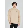 Erkek Yarım Fermuarlı Baskılı Sweat - Bej
