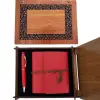Ahşap Kutulu Kırmızı Deri Defter ve Metal Kalem Set