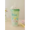 Çılgın Bear Suluk Pipetli Buzlu Cam Görünümlü Led Işıklı 450 ML Çift Katman Mika 2093 Yeşil