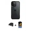 ieg™ iPhone 14 Pro Max Kılıf Akış Çizgi Koleksiyonu - Siyah Buffer Hayalet Cam Ekran Koruyucu + Raze Metal Kamera Lens - GS