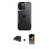 ieg™ iPhone 14 Pro Max Kılıf Akış Çizgi Koleksiyonu - Siyah Buffer Hayalet Cam Ekran Koruyucu + Raze Metal Kamera Lens - GS