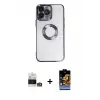 ieg™ iPhone 14 Pro Max Kılıf Pusula Form - Siyah Buffer Hayalet Cam Ekran Koruyucu + Bilvis Titan Kamera Lens - GS