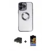 ieg™ iPhone 14 Pro Max Kılıf Pusula Form - Siyah Buffer Hayalet Cam Ekran Koruyucu + Raze Metal Kamera Lens - GD