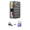 ieg™ iPhone 14 Pro Max Kılıf Yadigar Doku Özel Seri - Siyah Bilvis 5in1 5D Magic Hayalet Cam Ekran Koruyucu + Bilvis Titan Kamera Lens - DNMR