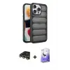 ieg™ iPhone 14 Pro Max Kılıf Yadigar Doku Özel Seri - Siyah Bilvis 5in1 5D Magic Hayalet Cam Ekran Koruyucu + Raze Metal Kamera Lens - GD