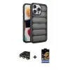 ieg™ iPhone 14 Pro Max Kılıf Yadigar Doku Özel Seri - Siyah Buffer Hayalet Cam Ekran Koruyucu + Raze Metal Kamera Lens - GD