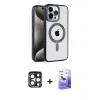 ieg™ iPhone 15 Pro Max Kılıf Eksen Form Koleksiyonu - Siyah Bilvis 5in1 5D Magic Hayalet Cam Ekran Koruyucu + PVD Metal Kamera Lens - LT