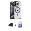 ieg™ iPhone 15 Pro Max Kılıf Eksen Form Koleksiyonu - Siyah Bilvis 5in1 5D Magic Hayalet Cam Ekran Koruyucu + Raze Metal Kamera Lens - TMGI