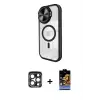 ieg™ iPhone 15 Pro Max Kılıf Kıvılcım Modern Koleksiyonu - Siyah Buffer Hayalet Cam Ekran Koruyucu + PVD Metal Kamera Lens - LT