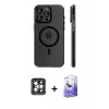 ieg™ iPhone 15 Pro Max Kılıf Pusula Minimal Koleksiyonu - Siyah Bilvis 5in1 5D Magic Hayalet Cam Ekran Koruyucu + PVD Metal Kamera Lens - GI