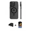 ieg™ iPhone 15 Pro Max Kılıf Pusula Minimal Koleksiyonu - Siyah Buffer Hayalet Cam Ekran Koruyucu + Raze Metal Kamera Lens - SH