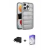 ieg™ iPhone 15 Pro Max Kılıf Yadigar Doku Özel Seri - Siyah Bilvis 5in1 3D Magic Cam Ekran Koruyucu + Raze Metal Kamera Lens - SH