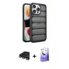 ieg™ iPhone 15 Pro Max Kılıf Yadigar Doku Özel Seri - Siyah Bilvis 5in1 5D Magic Hayalet Cam Ekran Koruyucu + Raze Metal Kamera Lens - TMGI
