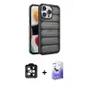 ieg™ iPhone 15 Pro Max Kılıf Yadigar Doku Özel Seri - Siyah Bilvis 5in1 5D Magic Hayalet Cam Ekran Koruyucu + PVD Metal Kamera Lens - TU