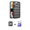 ieg™ iPhone 15 Pro Max Kılıf Yadigar Doku Özel Seri - Siyah Bilvis 5in1 5D Magic Hayalet Cam Ekran Koruyucu + PVD Metal Kamera Lens - GI