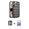 ieg™ iPhone 15 Pro Max Kılıf Yadigar Doku Özel Seri - Siyah Bilvis 5in1 5D Magic Hayalet Cam Ekran Koruyucu + PVD Metal Kamera Lens - LT