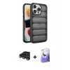 ieg™ iPhone 15 Pro Max Kılıf Yadigar Doku Özel Seri - Siyah Bilvis 5in1 5D Magic Hayalet Cam Ekran Koruyucu + Raze Metal Kamera Lens - LT