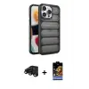 ieg™ iPhone 15 Pro Max Kılıf Yadigar Doku Özel Seri - Siyah Buffer Hayalet Cam Ekran Koruyucu + Raze Metal Kamera Lens - SH