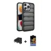 ieg™ iPhone 15 Pro Max Kılıf Yadigar Doku Özel Seri - Siyah Buffer Hayalet Cam Ekran Koruyucu + Raze Metal Kamera Lens - LT