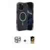 ieg™ iPhone 16 Pro Max Kılıf Eksen Çizgi - Siyah Buffer Cam Ekran Koruyucu + Pers Alüminyum Kamera Lens - GI