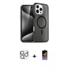 ieg™ iPhone 16 Pro Max Kılıf Nova Asil Prime - Siyah Buffer Hayalet Cam Ekran Koruyucu + Pers Alüminyum Kamera Lens - GS