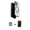 ieg™ iPhone 16 Pro Max Kılıf Pusula Form Serisi - Siyah 3D Antistatik Hayalet Cam Ekran Koruyucu + PVD Metal Kamera Lens - GD