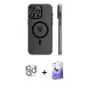 ieg™ iPhone 16 Pro Max Kılıf Pusula Minimal Koleksiyonu - Siyah Bilvis 5in1 5D Magic Hayalet Cam Ekran Koruyucu + Pers Alüminyum Kamera Lens - GS