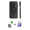 ieg™ iPhone 16 Pro Max Kılıf Pusula Minimal Koleksiyonu - Siyah Bilvis 5in1 5D Magic Hayalet Cam Ekran Koruyucu + Raze Metal Kamera Lens - SH