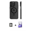 ieg™ iPhone 16 Pro Max Kılıf Pusula Minimal Koleksiyonu - Siyah Bilvis 5in1 5D Magic Hayalet Cam Ekran Koruyucu + PVD Metal Kamera Lens - GD