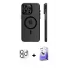 ieg™ iPhone 16 Pro Max Kılıf Pusula Minimal Koleksiyonu - Siyah Bilvis 5in1 5D Magic Hayalet Cam Ekran Koruyucu + Pers Alüminyum Kamera Lens - GS