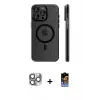 ieg™ iPhone 16 Pro Max Kılıf Pusula Minimal Koleksiyonu - Siyah Buffer Hayalet Cam Ekran Koruyucu + Pers Alüminyum Kamera Lens - GI