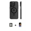 ieg™ iPhone 16 Pro Max Kılıf Pusula Minimal Koleksiyonu - Siyah Buffer Hayalet Cam Ekran Koruyucu + PVD Metal Kamera Lens - GD