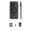 ieg™ iPhone 16 Pro Max Kılıf Pusula Minimal Koleksiyonu - Siyah Buffer Hayalet Cam Ekran Koruyucu + PVD Metal Kamera Lens - GD