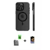 ieg™ iPhone 16 Pro Max Kılıf Pusula Minimal Koleksiyonu - Siyah Buffer Hayalet Cam Ekran Koruyucu + Raze Metal Kamera Lens - SH