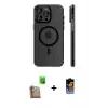 ieg™ iPhone 16 Pro Max Kılıf Pusula Minimal Koleksiyonu - Siyah Buffer Hayalet Cam Ekran Koruyucu + Raze Metal Kamera Lens - CLTM