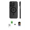 ieg™ iPhone 16 Pro Max Kılıf Pusula Minimal Koleksiyonu - Siyah Buffer Hayalet Cam Ekran Koruyucu + Raze Metal Kamera Lens - BZ