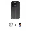 ieg™ iPhone 16 Pro Max Kılıf Zirve Yansıma Serisi - Siyah Buffer Hayalet Cam Ekran Koruyucu + Pers Alüminyum Kamera Lens - GS