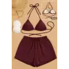 ieg™ Kadın 3lü Set Bordo Şortlu ve Yandan Bağlamalı Bikini Mayo Takımı