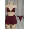 ieg™ Kadın 3lü Set Bordo Şortlu ve Yandan Bağlamalı Bikini Mayo Takımı
