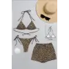 ieg™ Kadın 3lü Set Leopar Desenli Şortlu ve Yandan Bağlamalı Bikini Mayo Takımı