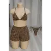 ieg™ Kadın 3lü Set Leopar Desenli Şortlu ve Yandan Bağlamalı Bikini Mayo Takımı