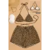 ieg™ Kadın 3lü Set Leopar Desenli Şortlu ve Yandan Bağlamalı Bikini Mayo Takımı