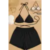 ieg™ Kadın 3lü Set Siyah Şortlu ve Yandan Bağlamalı Bikini Mayo Takımı