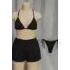 ieg™ Kadın 3lü Set Siyah Şortlu ve Yandan Bağlamalı Bikini Mayo Takımı