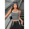 ieg™ Kadın Antrasit Gri Beyaz Çift Renk Çapraz Askılı Crop Top Bluz